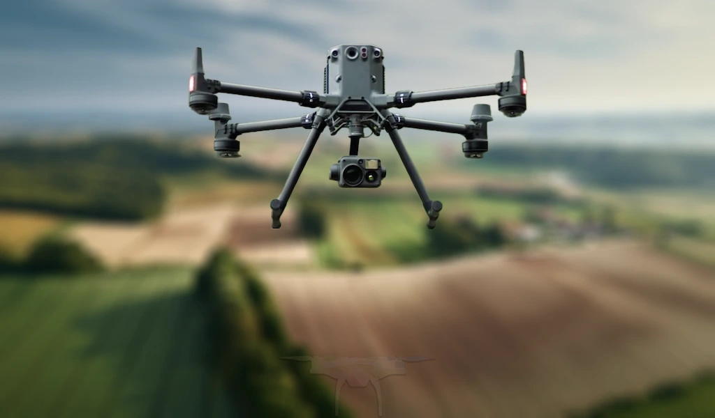 Фотография дрона DJI M350 RTK на фоне сельскохозяйственного ландшафта, иллюстрирующая универсальность данной модели.