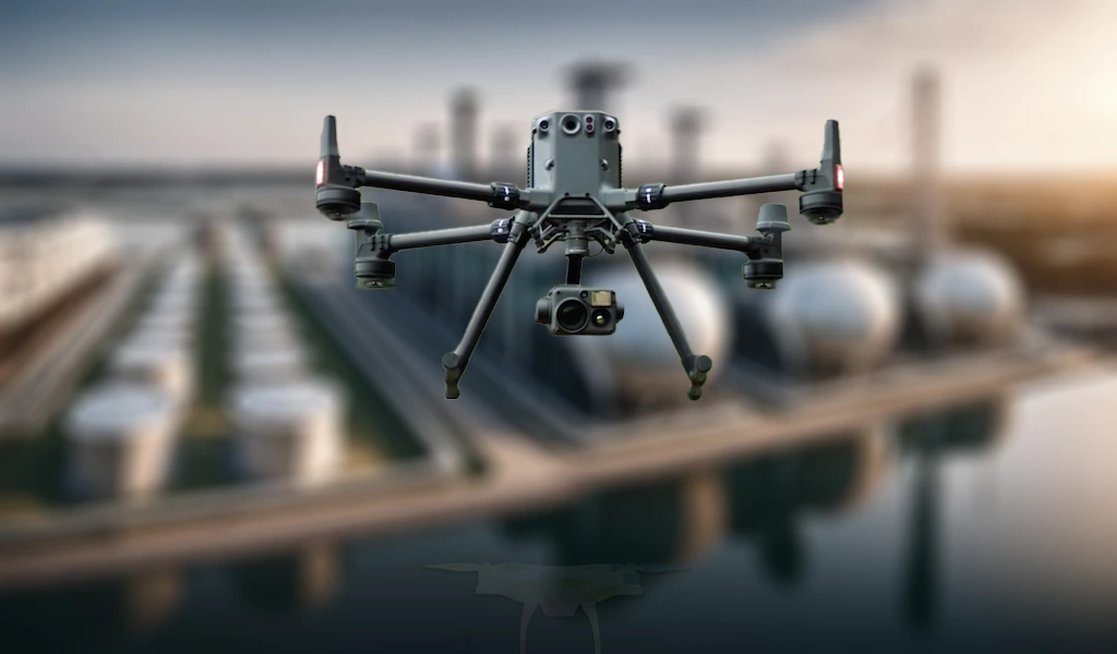Фотография дрона DJI M350 RTK на фоне электростанции, иллюстрирующая расширенные функциональные особенности данной модели.