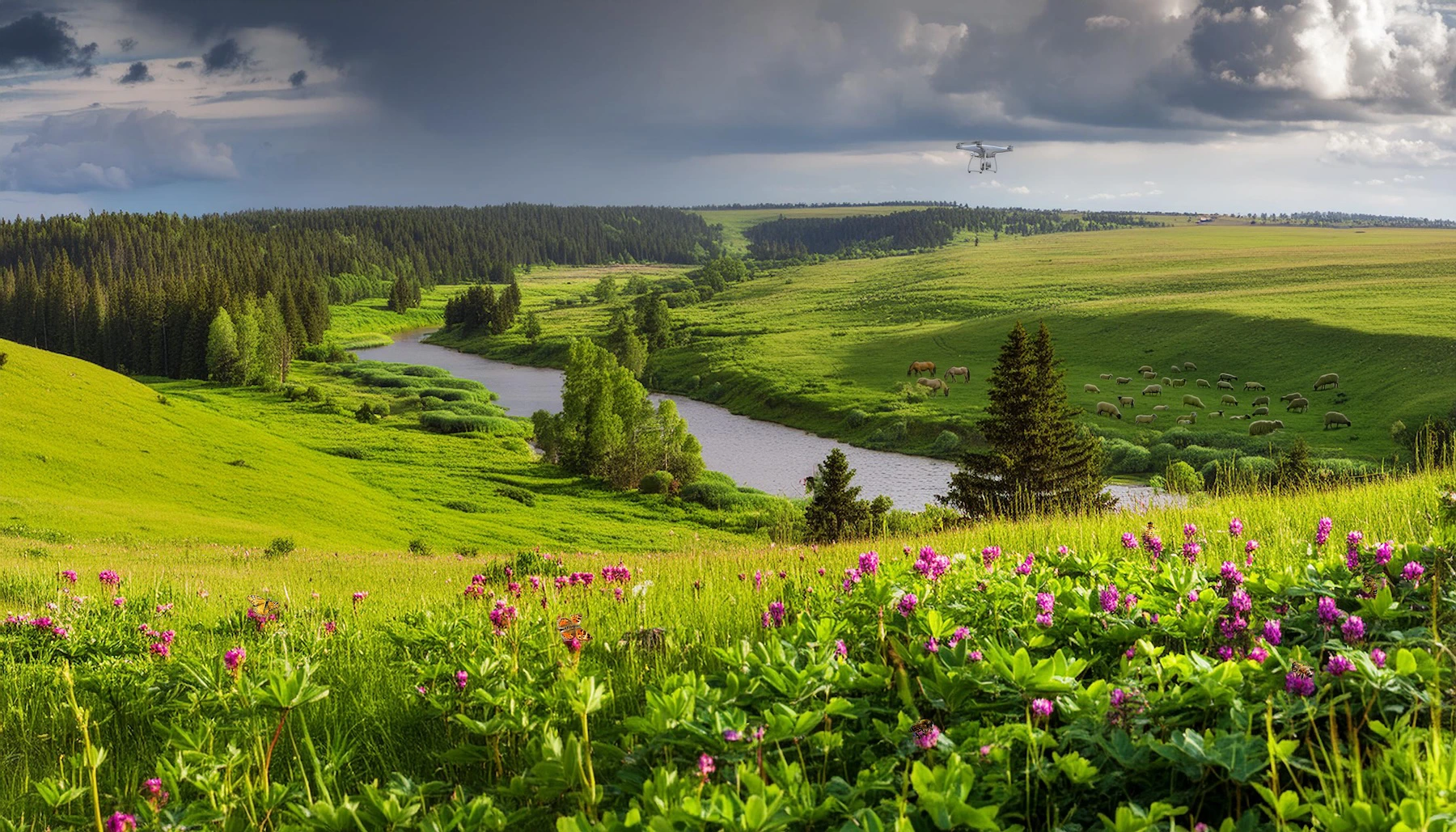 Ландшафтный пейзаж с полем, рекой, пастбищем и лесом на горизонте.